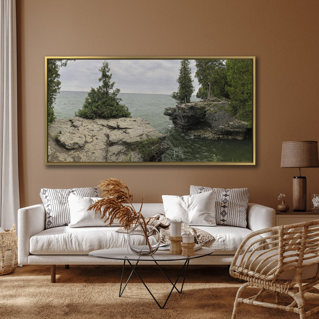Canvas Print of scenic coastal landscape with green and gray tones, perfect for adding a touch of nature to your home decor.