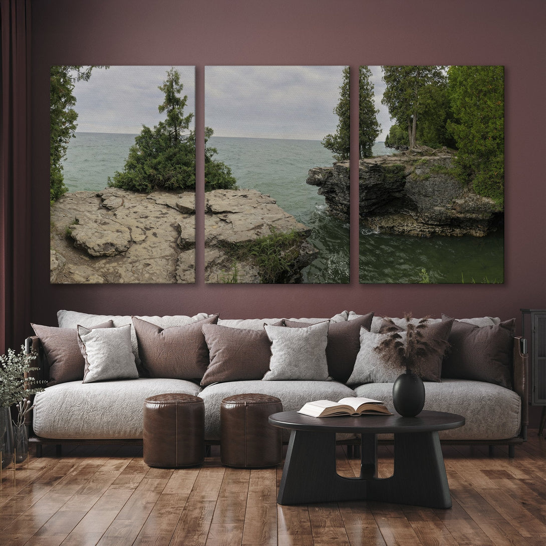 Canvas Print of a serene coastal landscape in muted greens and grays. Modern triptych wall art adds a touch of nature to any home decor.