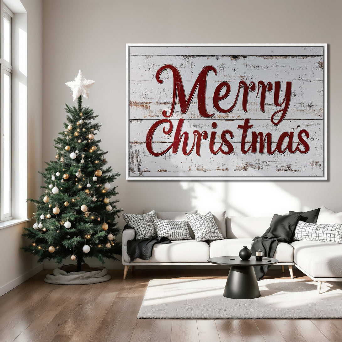 Framed Wall Art: "Merry Christmas" on rustic wood, red & white palette. Perfect holiday decor for your home! Shop Canvas Prints today!