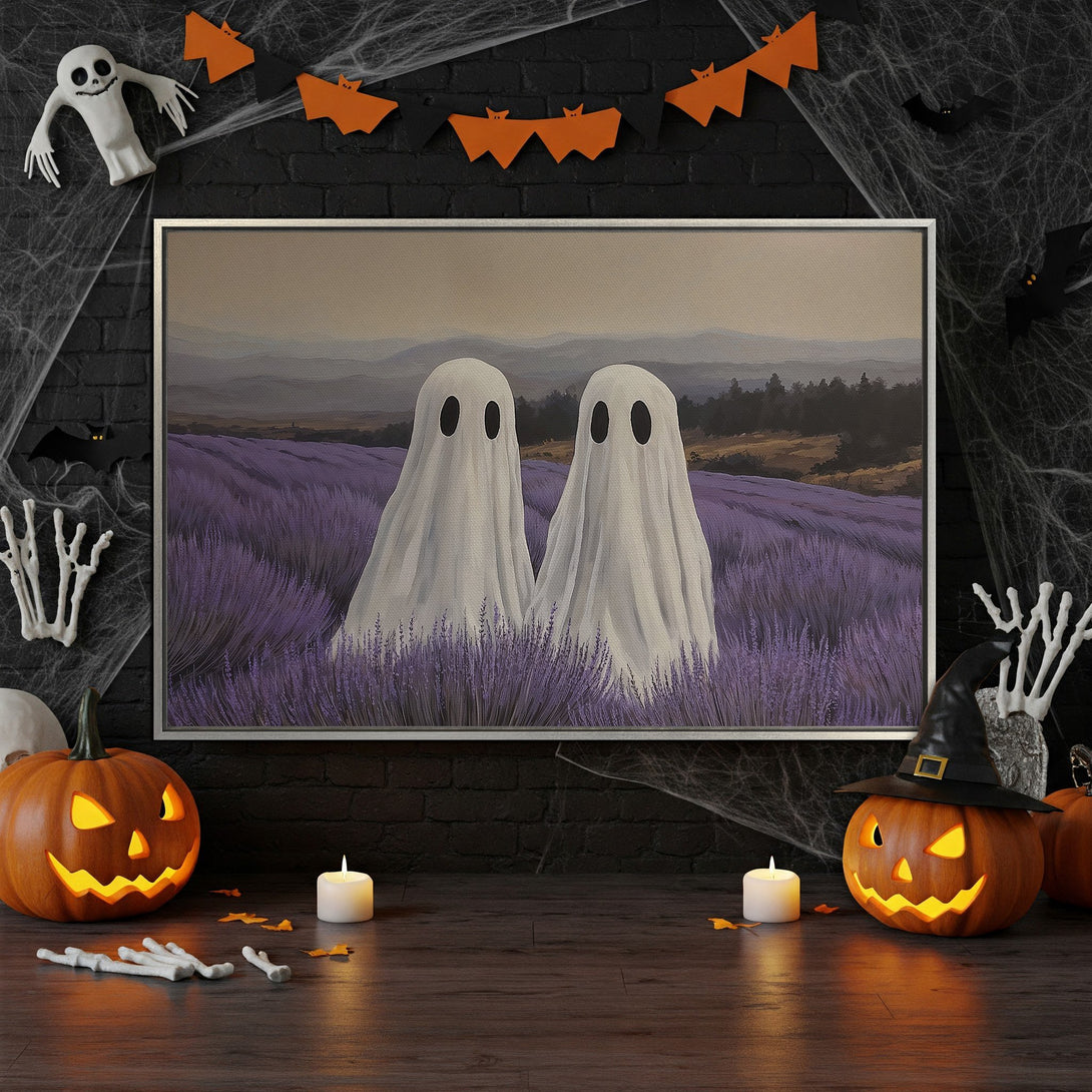 Framed Wall Art: Whimsical Halloween ghost art in purple lavender field. Spooky decor with a touch of elegance. Perfect for fall & Halloween.