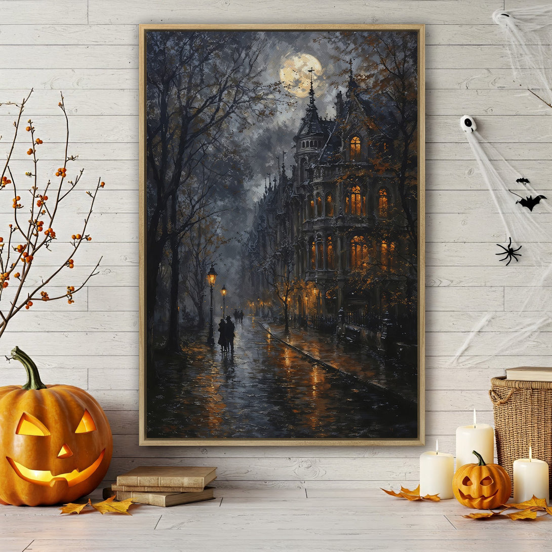 Framed Wall Art: Spooky street scene Canvas Print with a dark, moody color palette. Perfect Halloween decor!