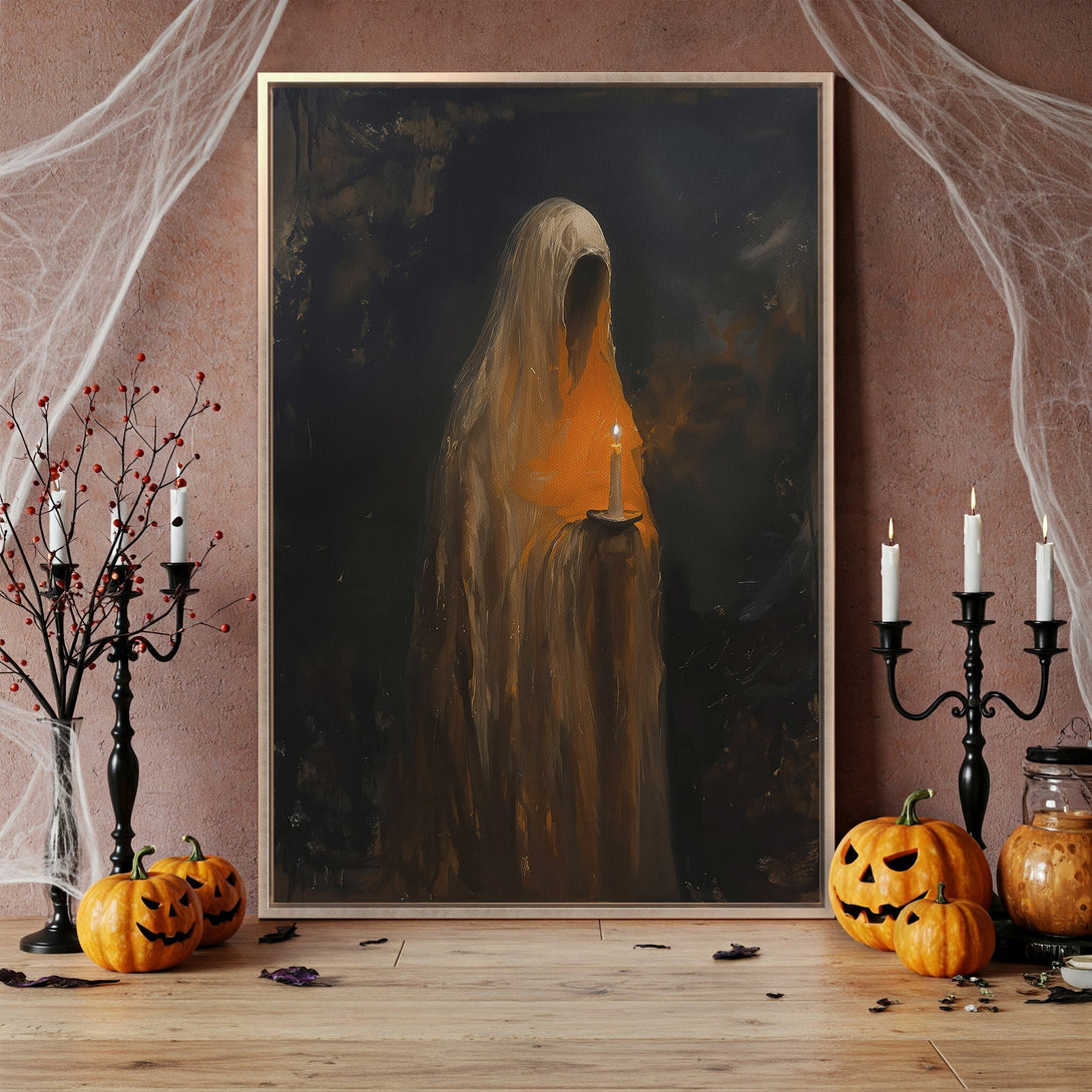 Framed Wall Art: Spooky ghost holding candle, dark, moody painting in warm orange and black palette. Perfect Halloween decor!