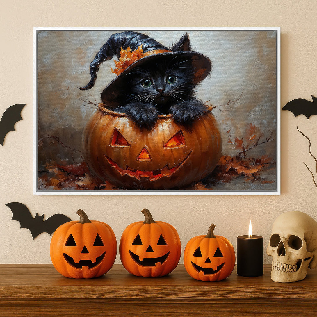 Framed Wall Art: Adorable black cat in a witch hat inside a jack-o'-lantern. Perfect Halloween decor! Warm orange and brown tones, artistic style.