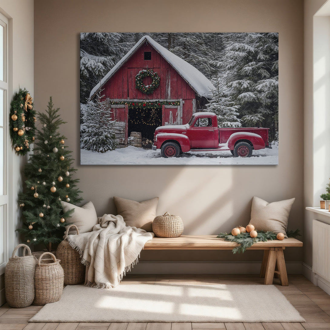 Framed Wall Art featuring a red truck & barn in a snowy winter scene. Rustic style, warm red & white color palette. Perfect for cozy decor!