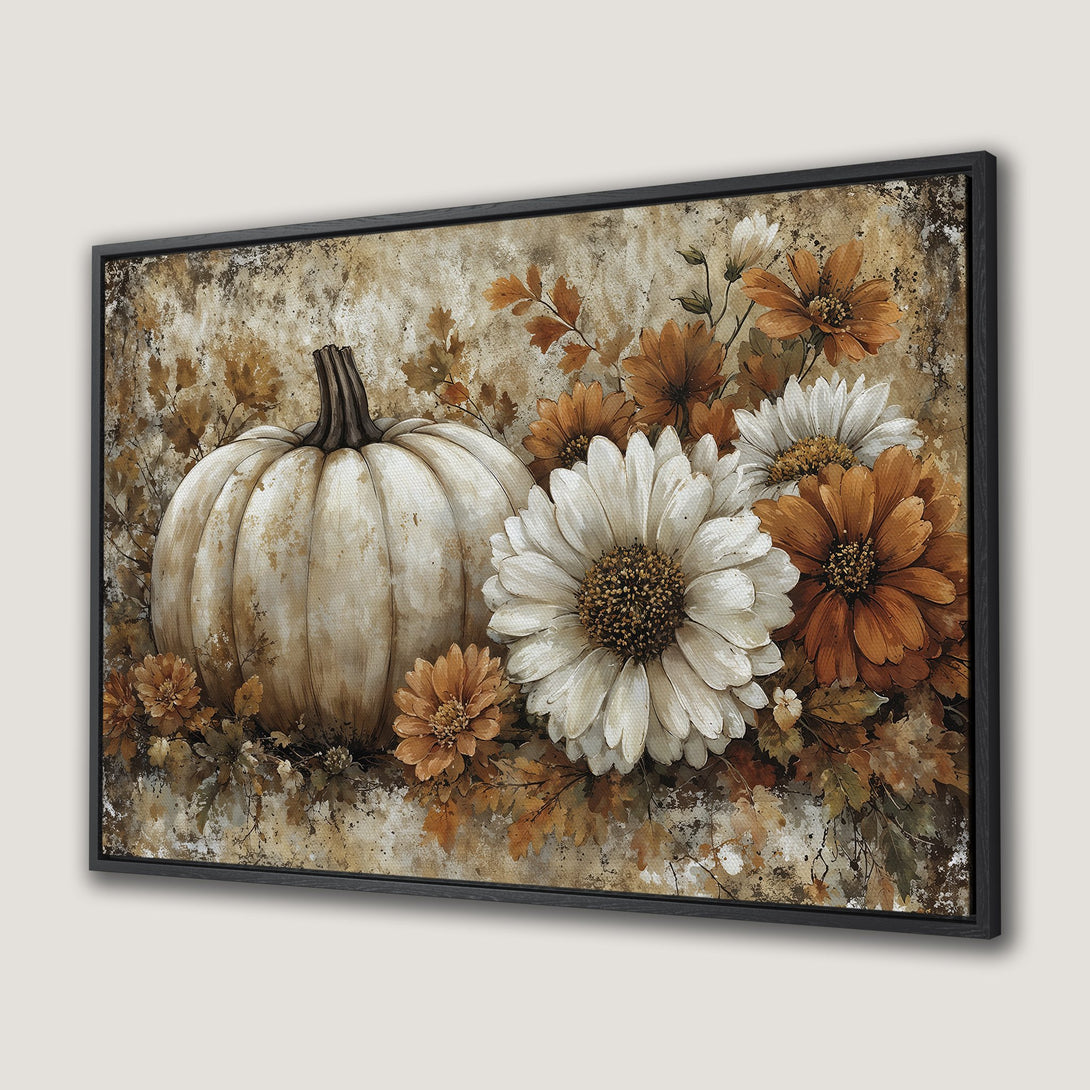 Framed Wall Art featuring a white pumpkin and autumn flowers in warm, earthy tones. Perfect fall decor!