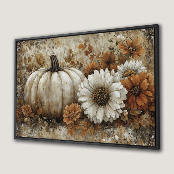 Framed Wall Art featuring a white pumpkin and autumn flowers in warm, earthy tones. Perfect fall decor!