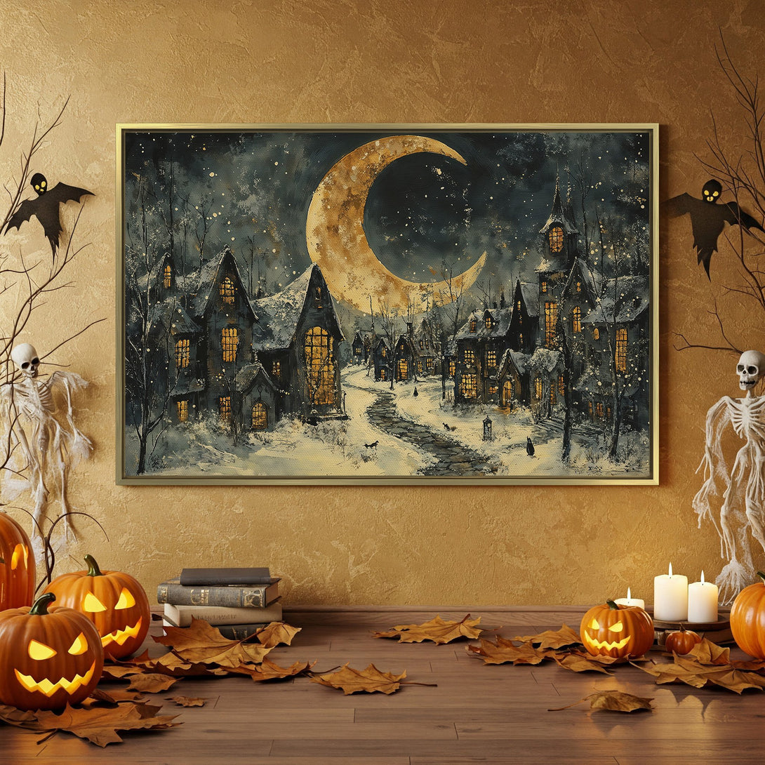 Canvas Print of a spooky Halloween scene with a dark, moody color palette. Features a crescent moon and haunted houses, perfect for fall decor.