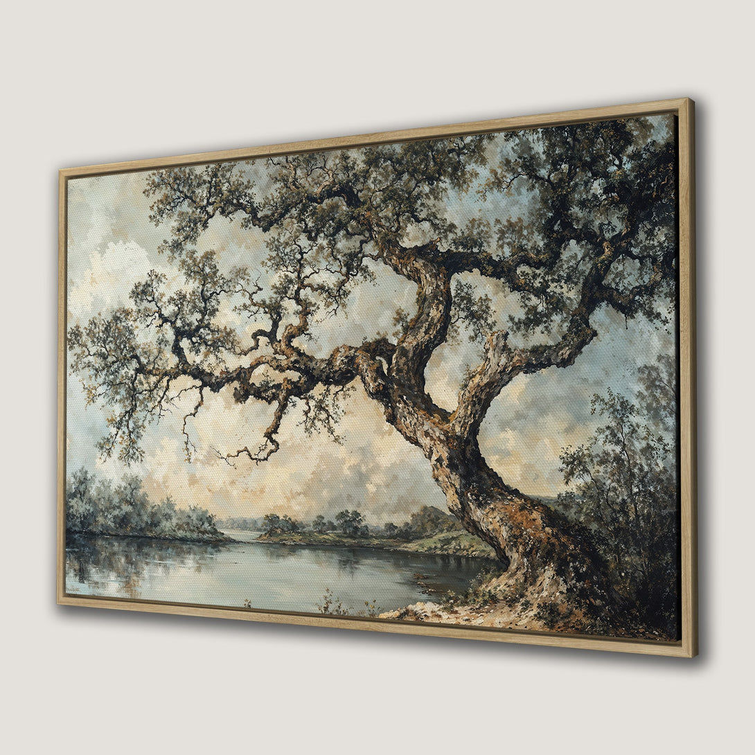Framed Wall Art of a majestic tree by a river, in a classic landscape style with a muted, earthy color palette. Perfect for adding elegance to any space.