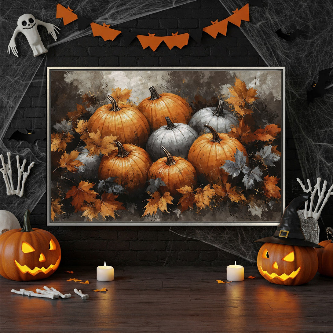Framed Wall Art featuring a pumpkin still life in warm orange and gray tones. Perfect Halloween decor for your home!