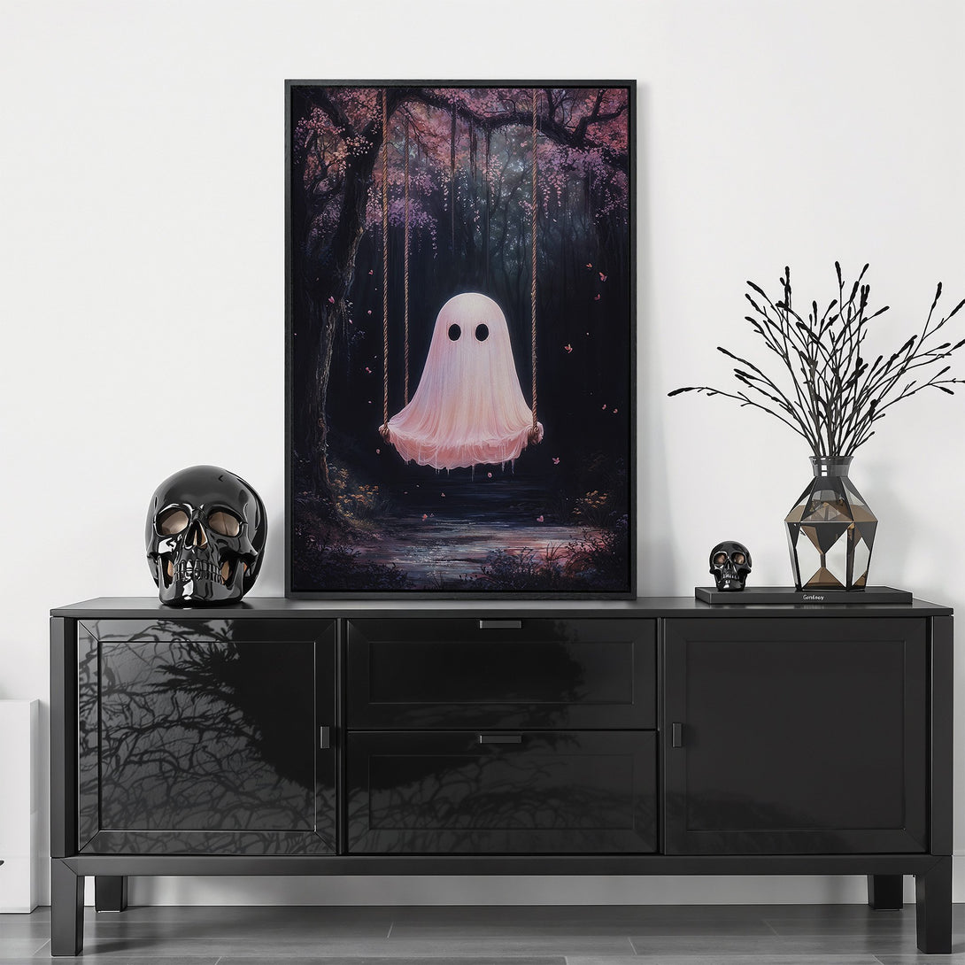 Framed Wall Art featuring a whimsical ghost on a swing in a dark forest, with pink blossoms. Atmospheric art in a moody, romantic color palette.