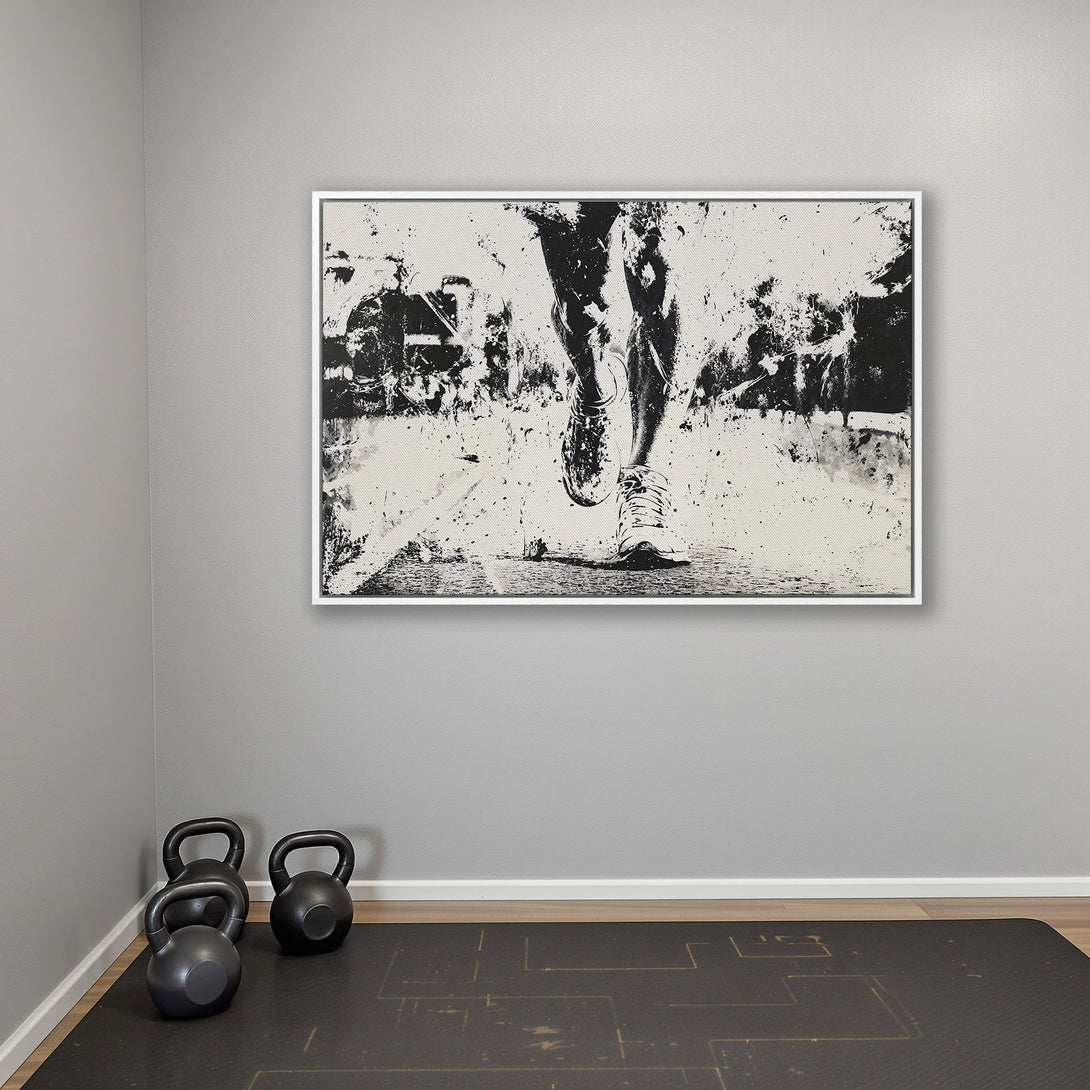 Framed Wall Art: Abstract running figure in black and white. Modern canvas print adds a dynamic touch to any space. Perfect for fitness enthusiasts!