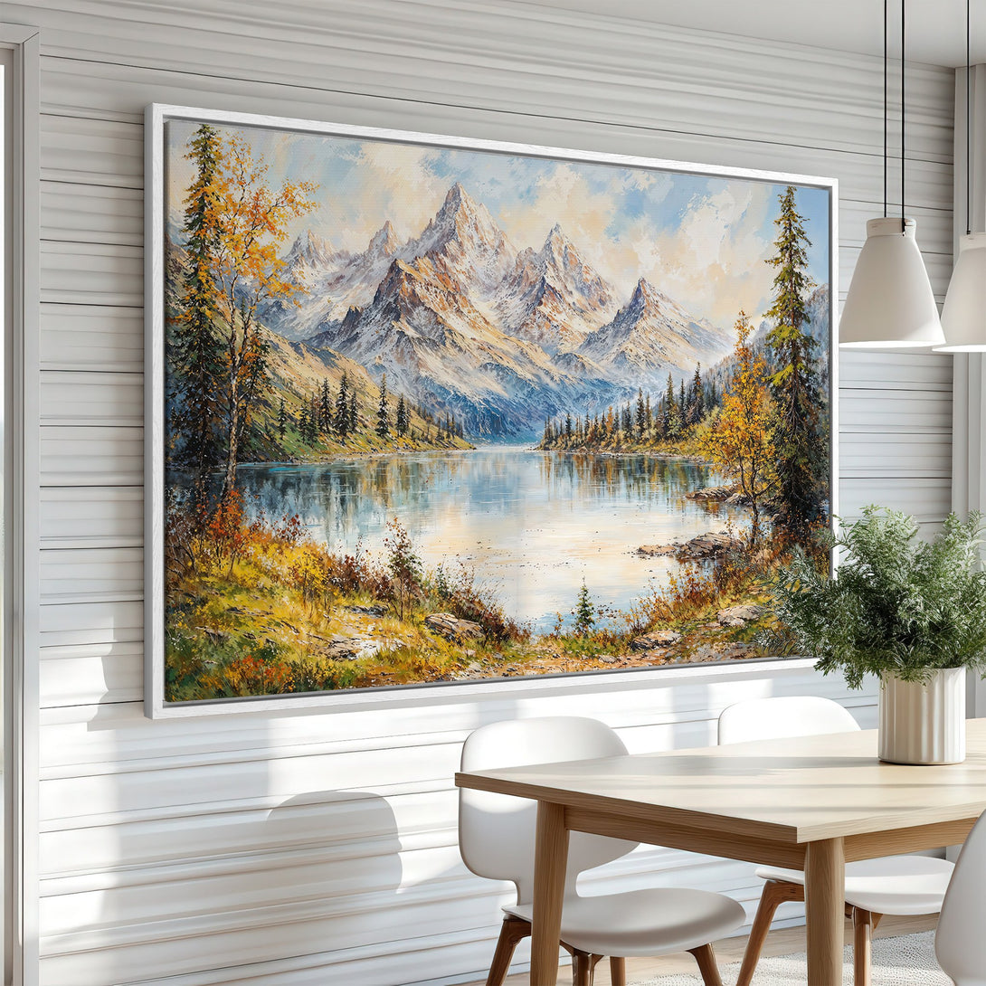 Framed Wall Art: Mountain landscape Canvas Print in a dining room. Featuring vibrant blues, greens, and autumn hues, this artwork adds a touch of nature to your space.