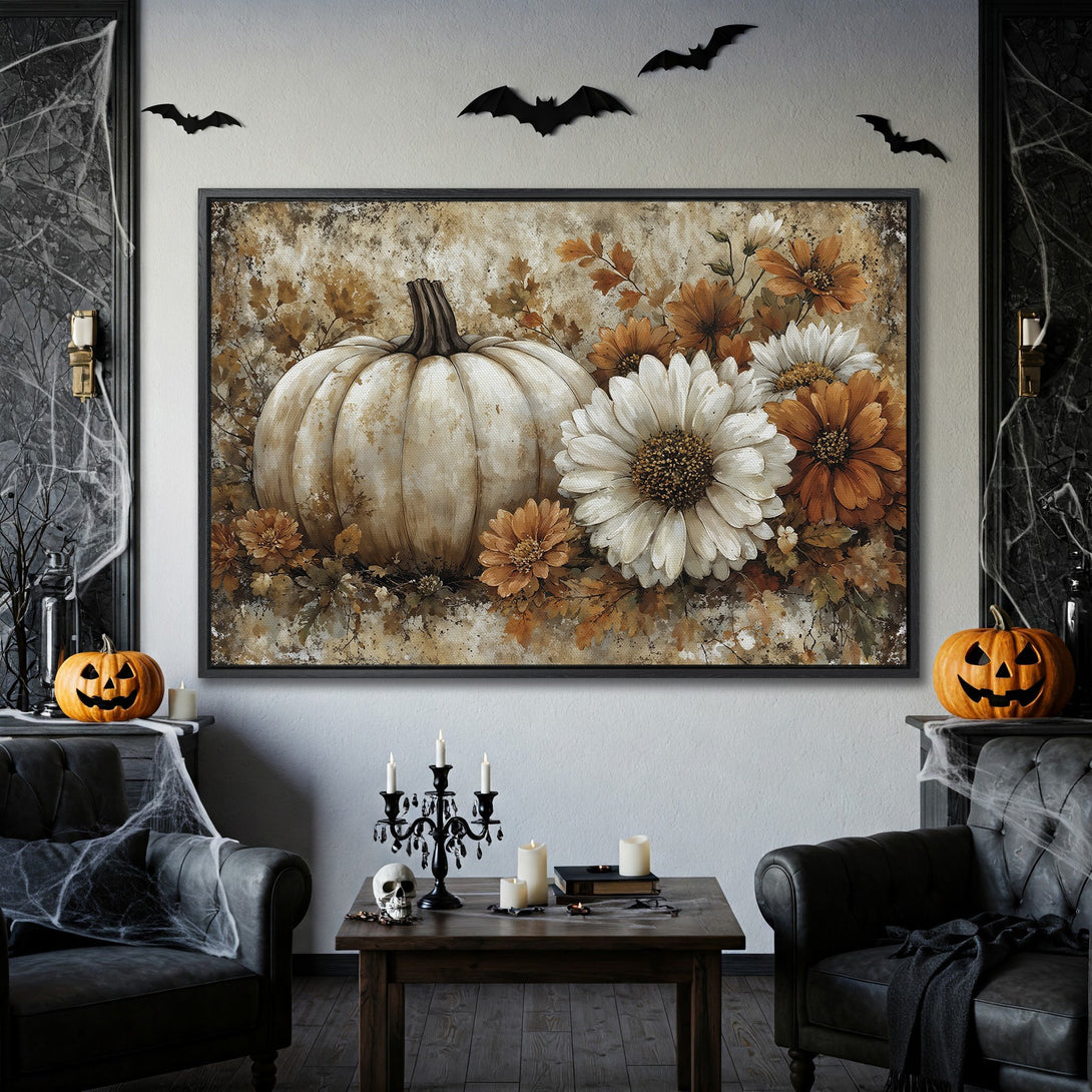 Framed Wall Art: Rustic pumpkin and floral Canvas Print in warm autumnal tones. Perfect for Halloween decor!