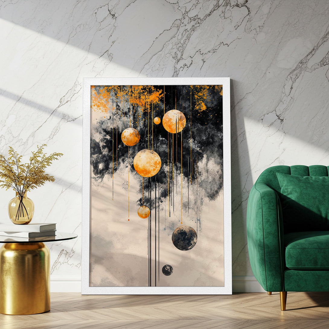 Framed Poster featuring abstract celestial art with orange, black, and beige tones. Modern art print for home decor.