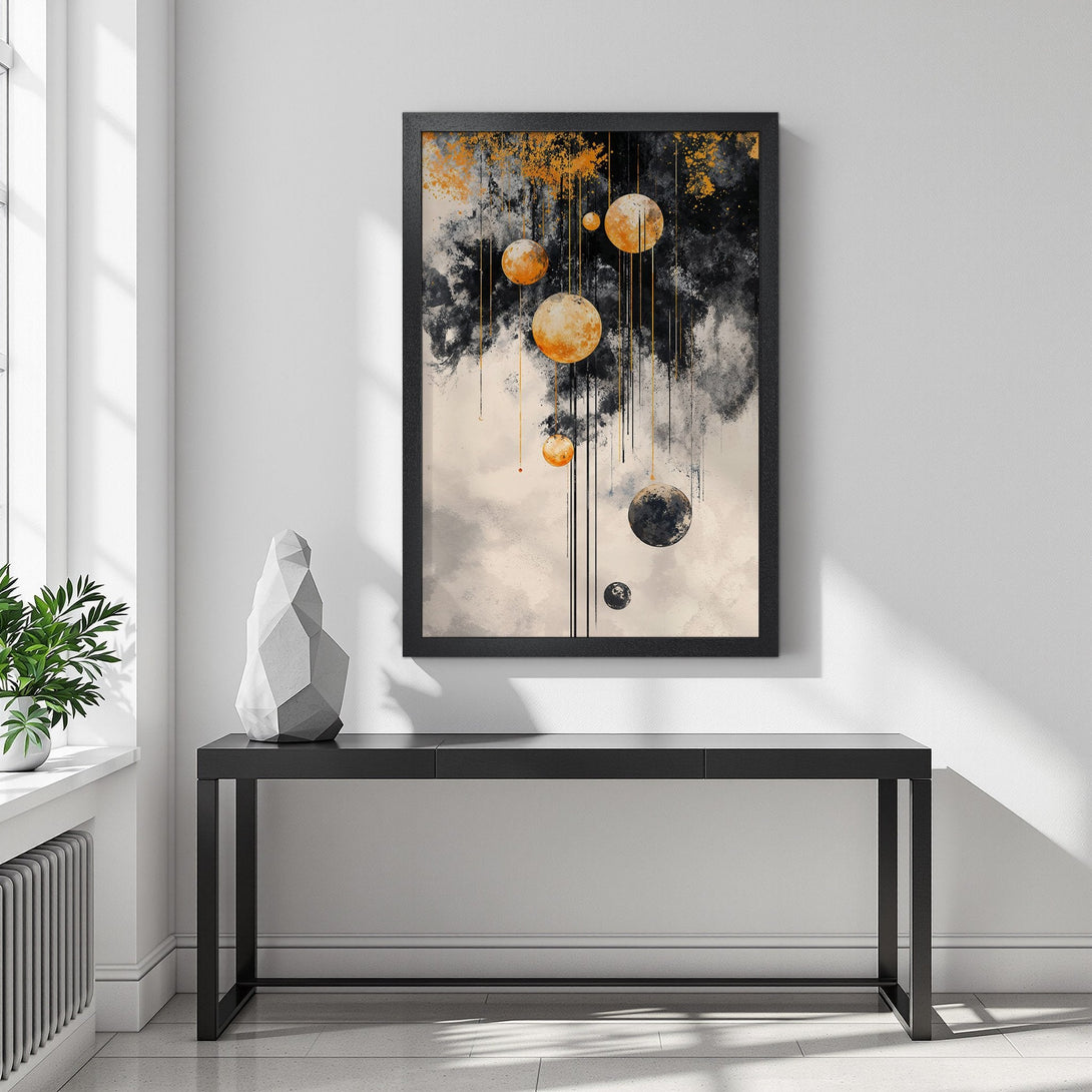 Framed Poster featuring abstract spheres in black, gold, and beige. Modern art print for your home decor.