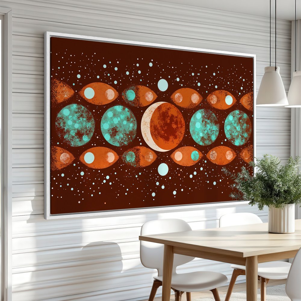 Abstract Canvas Print with celestial design in warm orange, teal, and brown tones. Modern art for your home!