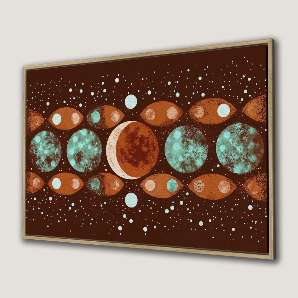 Abstract Canvas Print with celestial design in brown, teal, and orange. Modern wall art for any space.