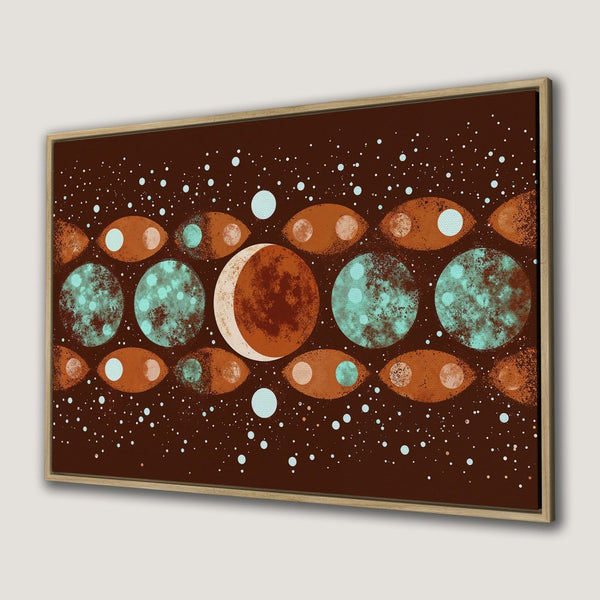 Abstract Canvas Print with celestial design in brown, teal, and orange. Modern wall art for any space.