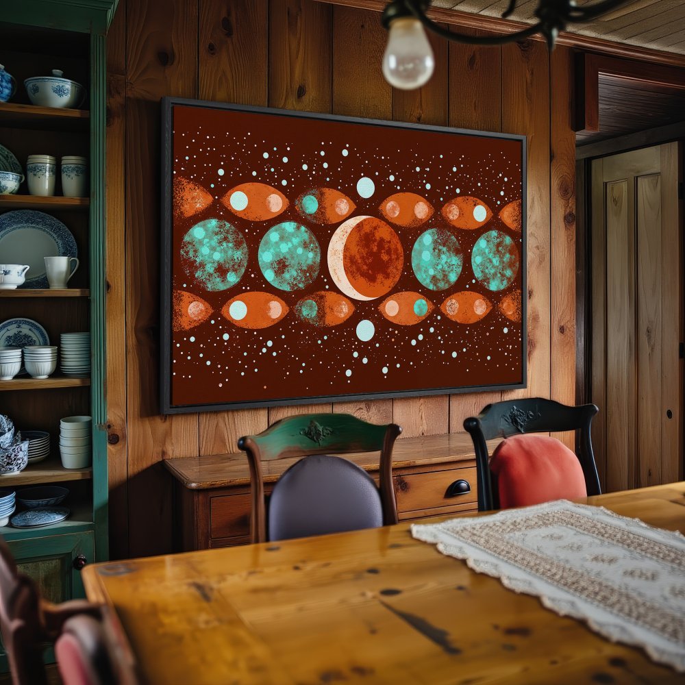 Framed Wall Art: Abstract celestial design in warm brown, teal, and orange tones. Perfect for adding a touch of modern art to your home decor.