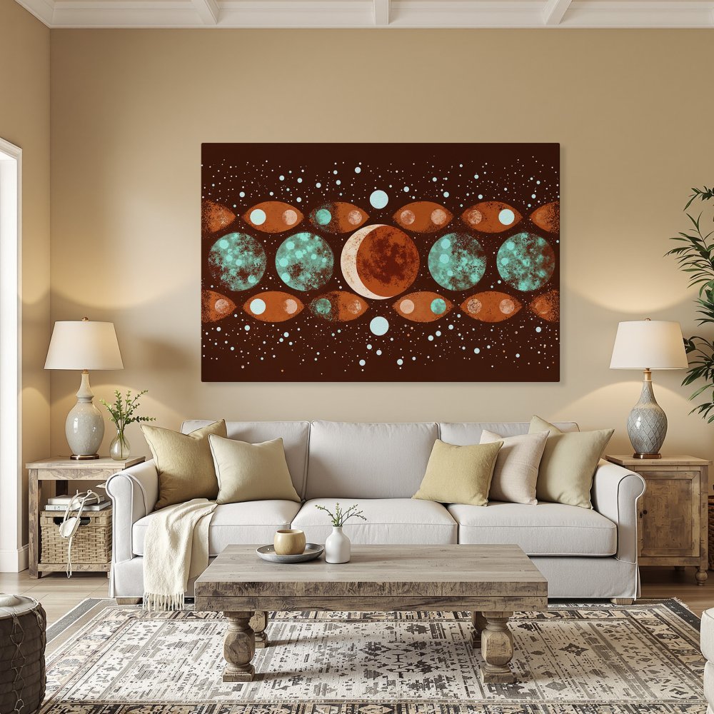 Framed Wall Art: Abstract celestial design in rust, teal, and brown. Modern art Canvas Print adds a pop of color to any room.