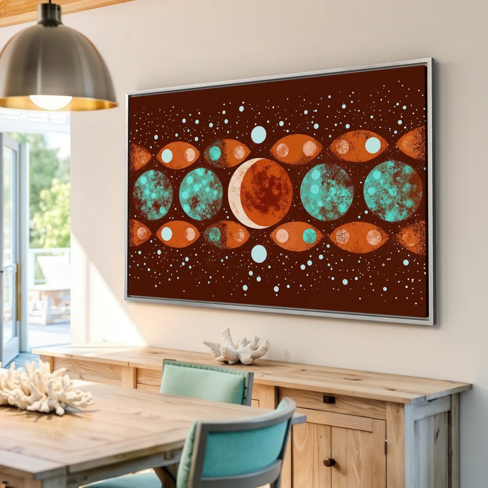 Framed Wall Art: Abstract celestial design in brown, teal, and orange. Modern art Canvas Print adds a pop of color to any room.