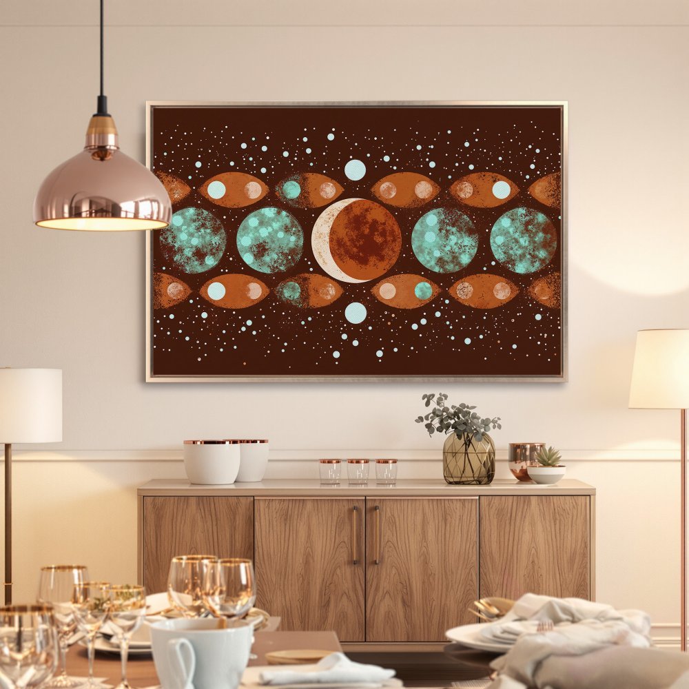 Framed Wall Art featuring a celestial design in brown, teal, and orange. Modern abstract art for your home decor.