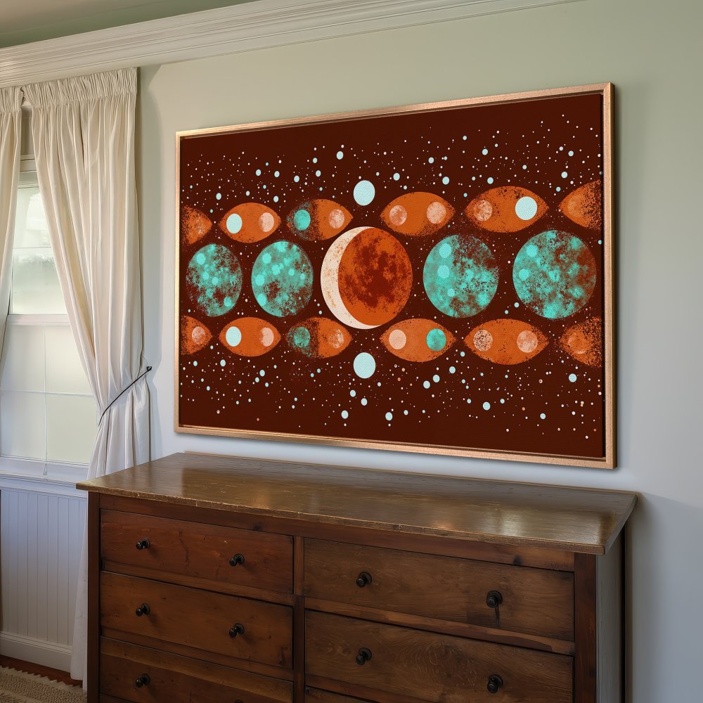 Framed Wall Art: Abstract celestial design in warm earth tones and teal. Modern art canvas print perfect for living rooms and bedrooms.