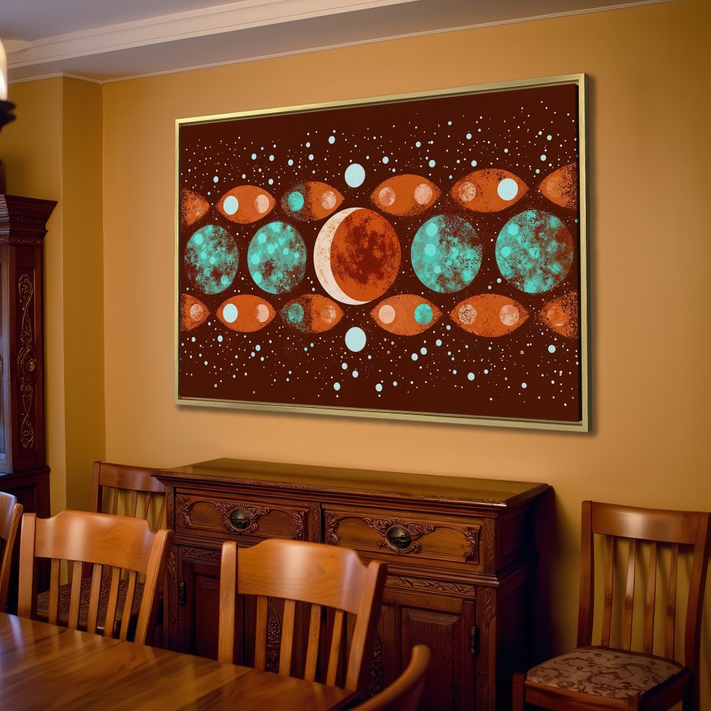 Canvas Print featuring a celestial design in a retro style with a warm brown, teal, and orange color palette. Elevate your space!