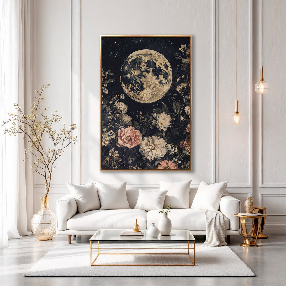 Framed Wall Art featuring a moon and floral design. Elegant, dark, and romantic style with a gold frame. Perfect for adding a touch of luxury to your home.