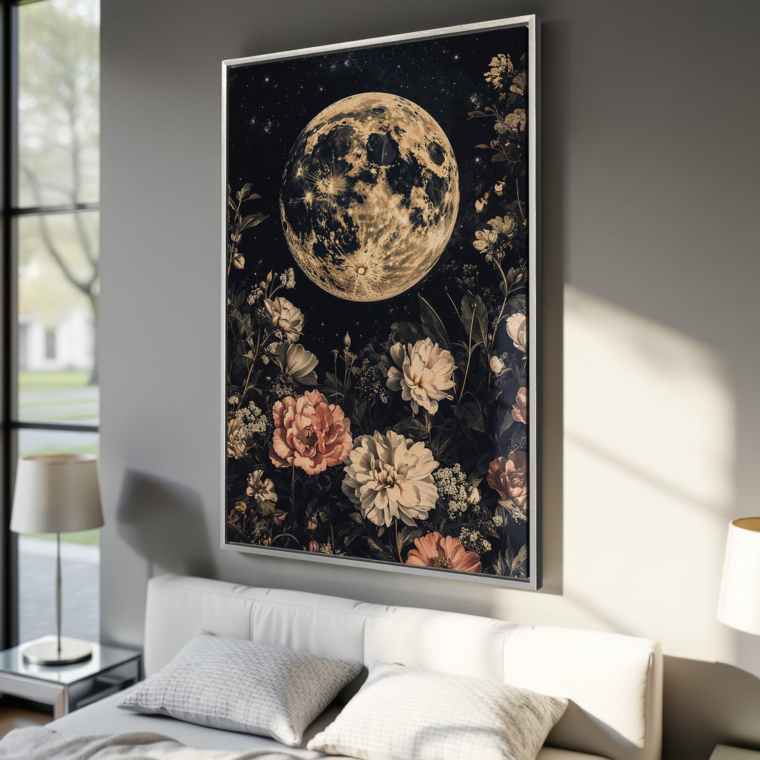 Framed Wall Art: Stunning moon and floral Canvas Print in a bedroom. Featuring a dark, moody palette with pops of peach and cream. Perfect for adding elegance.