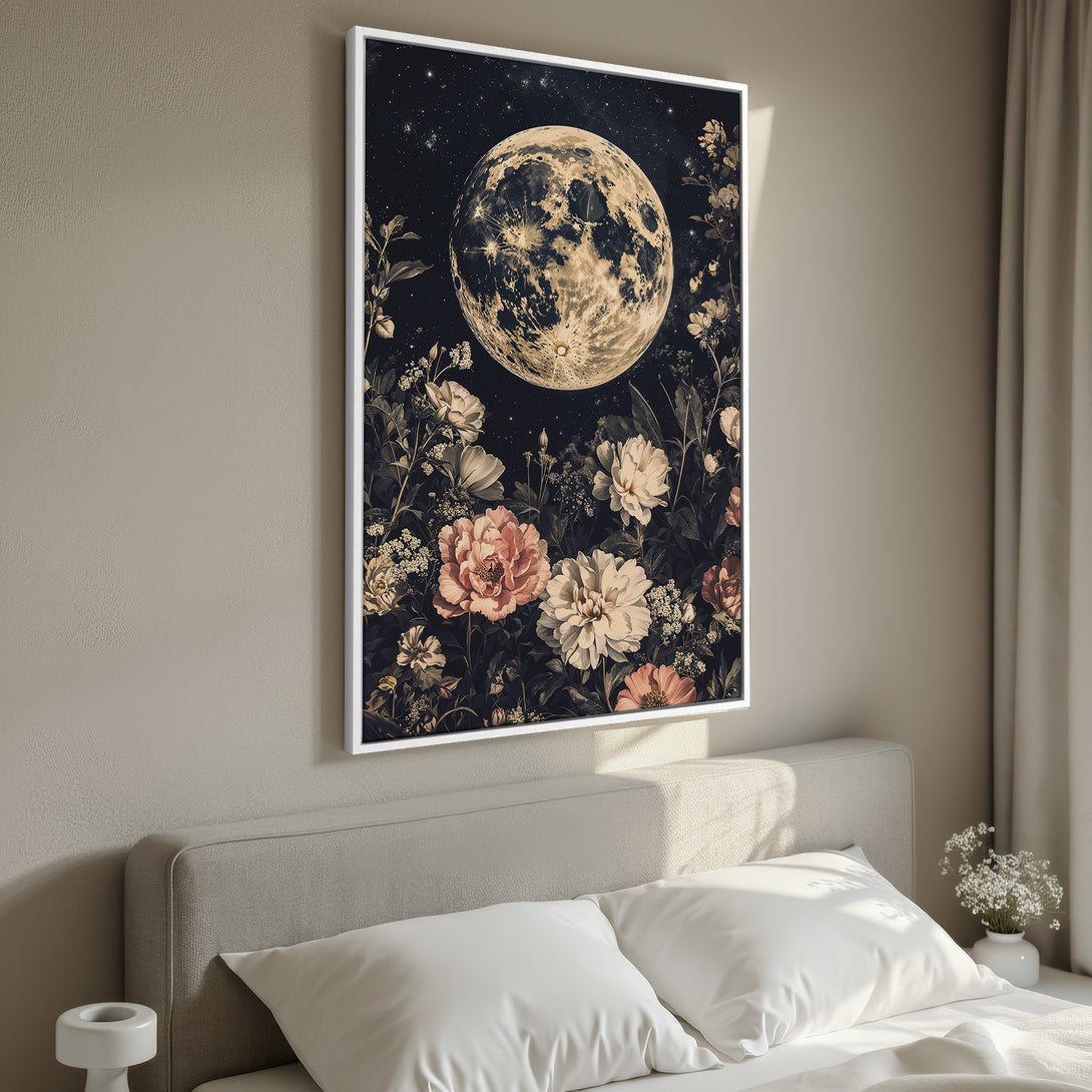 Framed Wall Art featuring a celestial moon and floral design in a vintage style with a moody, dark color palette. Perfect bedroom decor!