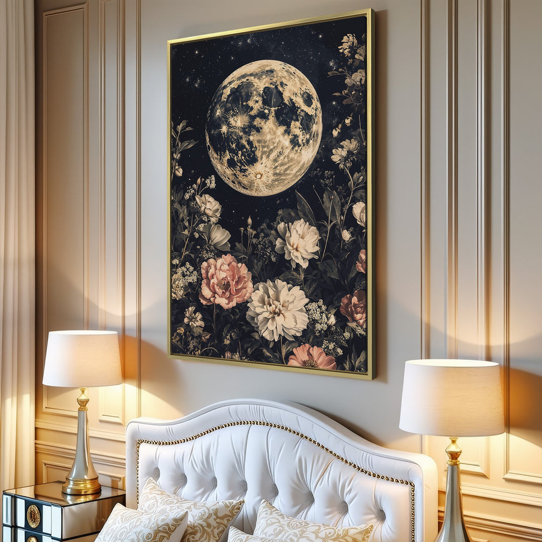 Canvas Print featuring a vintage floral moon design in a dark, moody color palette. Perfect for adding a touch of elegance to your home!