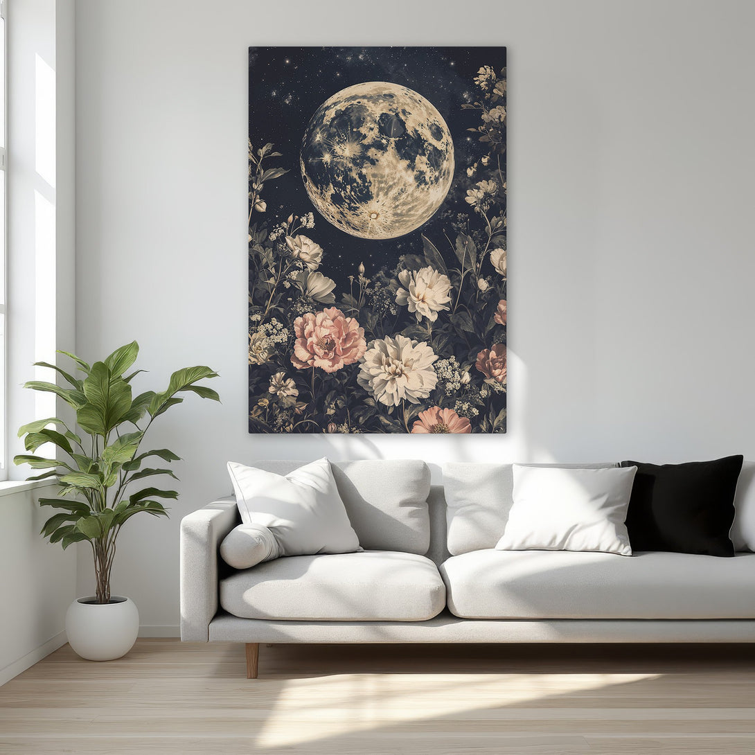 Framed Wall Art featuring a celestial moon & floral design. Elegant, vintage style with a dark, moody color palette. Perfect for bedroom decor.