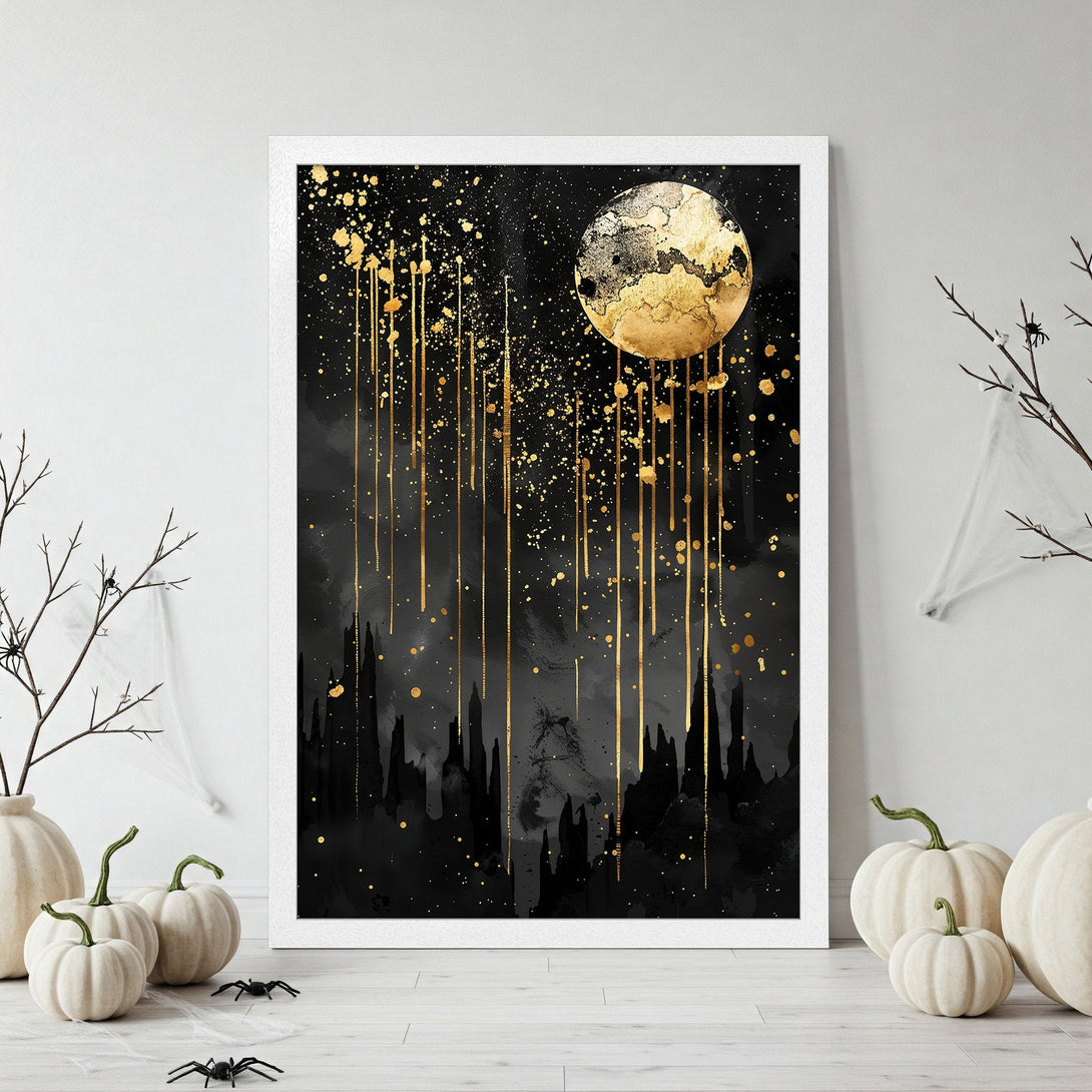Framed Poster featuring a gold moon and abstract design on a black background. Modern style, elegant black and gold color palette.