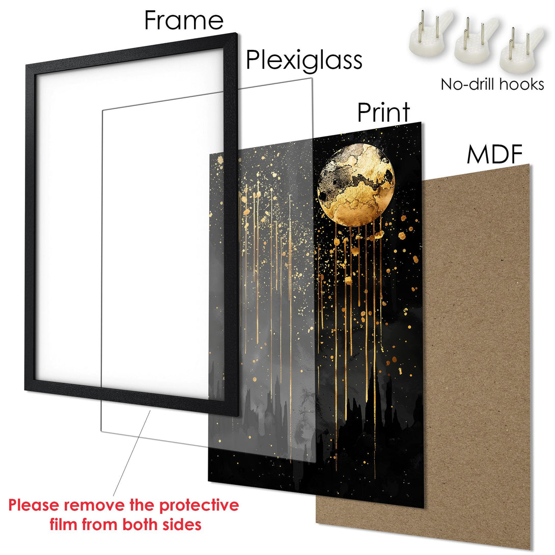 Framed Poster featuring a gold and black abstract design. Modern art style, elegant color palette for home decor.