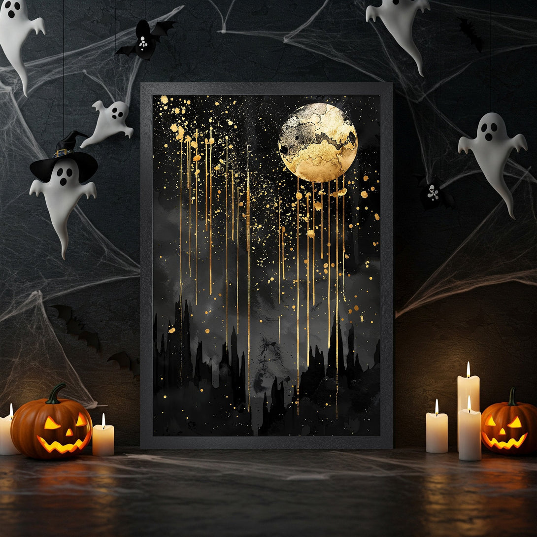 Framed Poster featuring a gold and black abstract Halloween design. Perfect spooky decor!