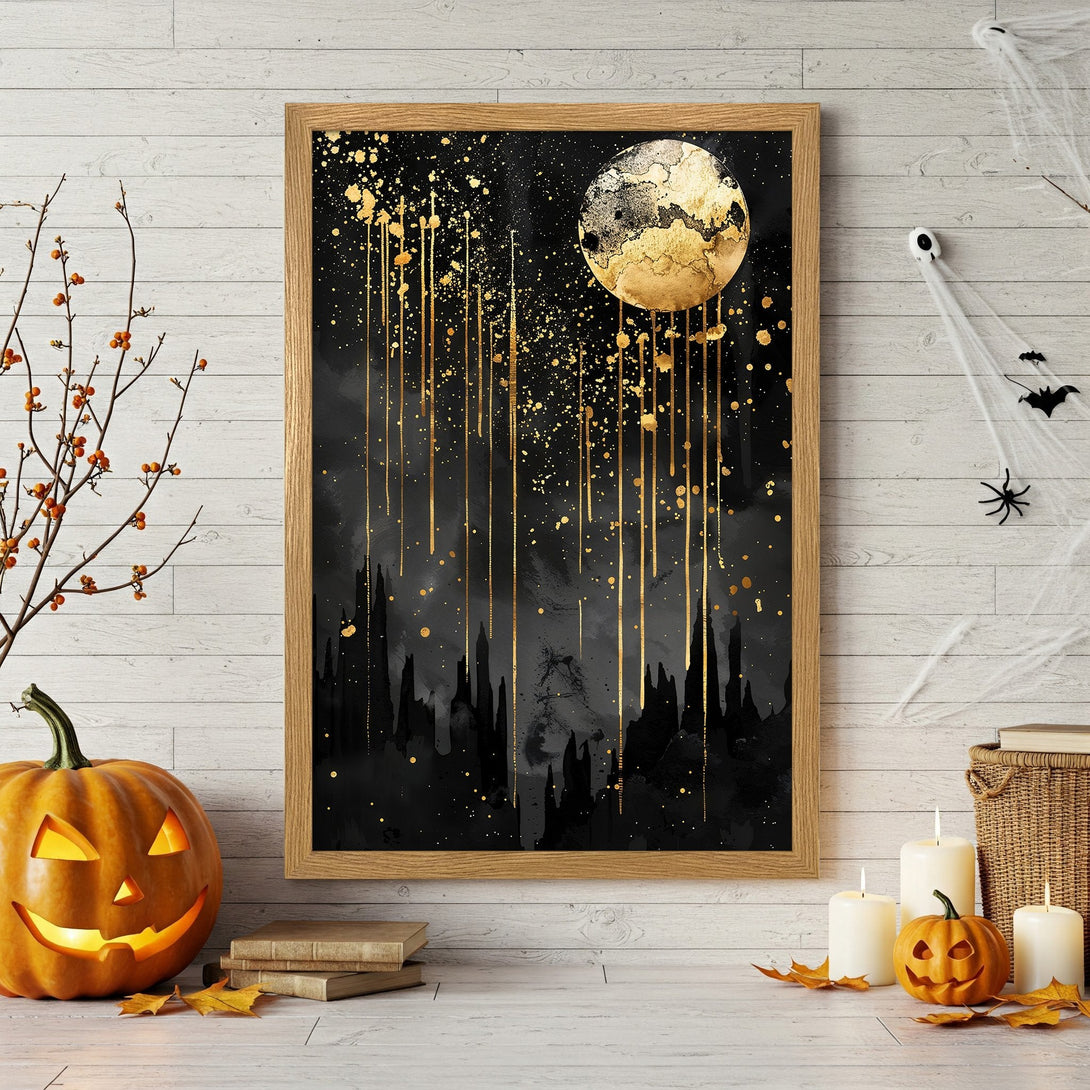 Framed Poster featuring a golden moon and dripping gold accents on a black background. Modern art style, perfect for Halloween decor.