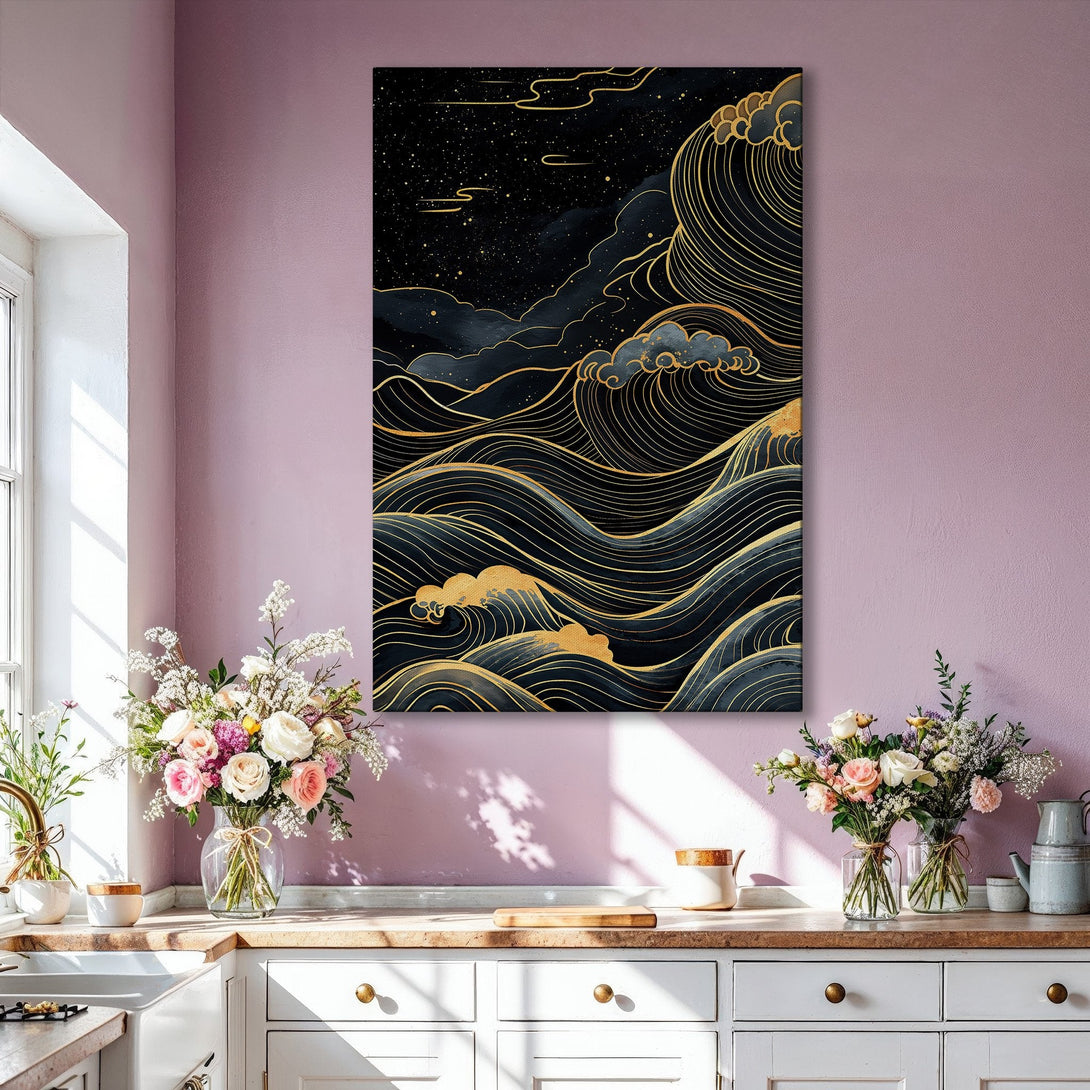 Framed Wall Art: Abstract wave design in gold and navy blue. Modern canvas print adds elegance to any interior. Shop now for stunning wall decor!