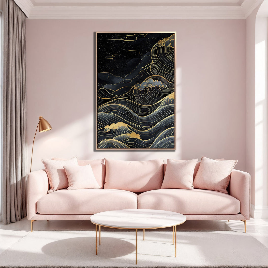 Framed Wall Art: Japanese wave design in black and gold. Elegant Canvas Print adds a touch of luxury to any living room with a soft pink and gold color palette.