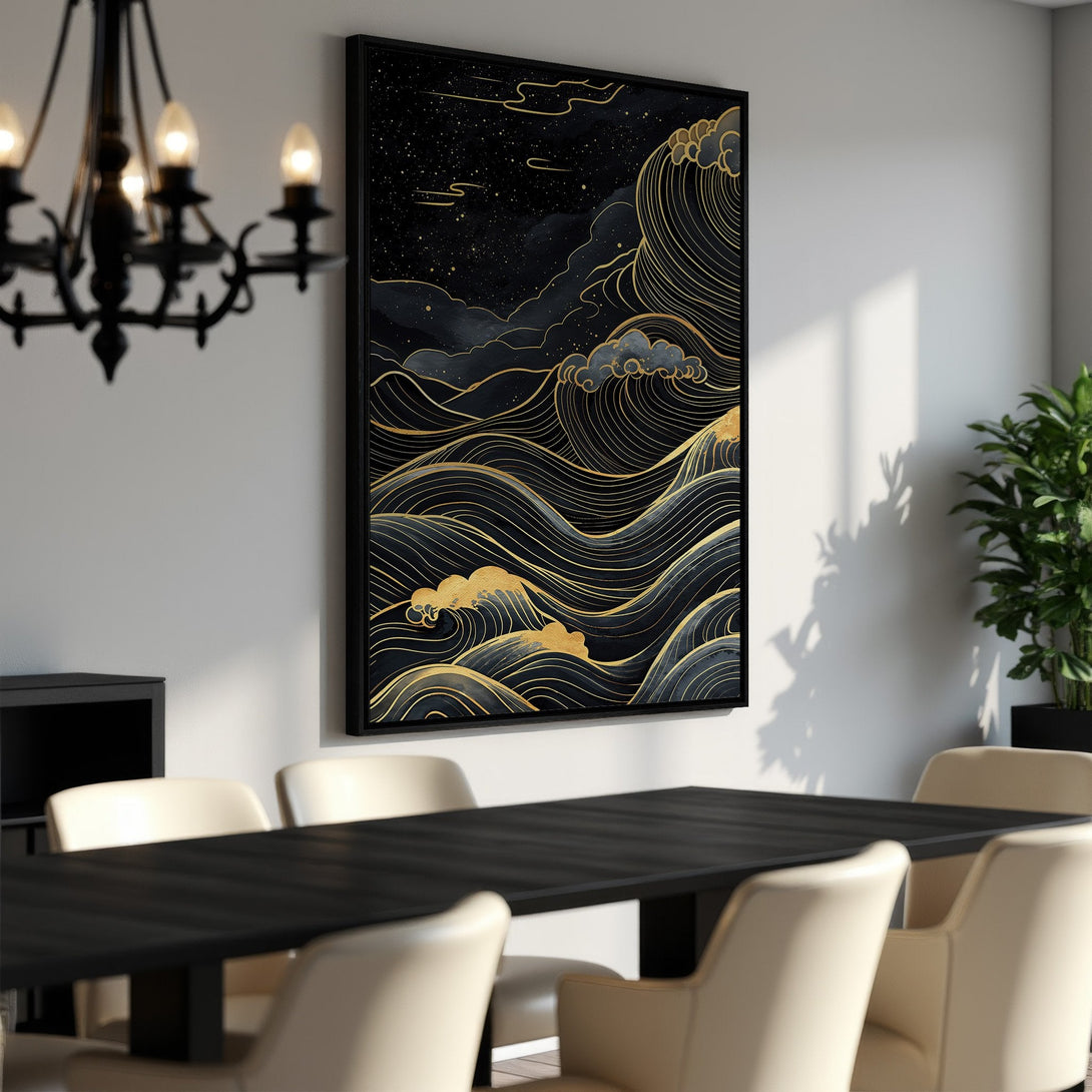 Framed Wall Art featuring a stylish black and gold wave design. Elevate your space with this elegant Canvas Print, perfect for modern interiors.