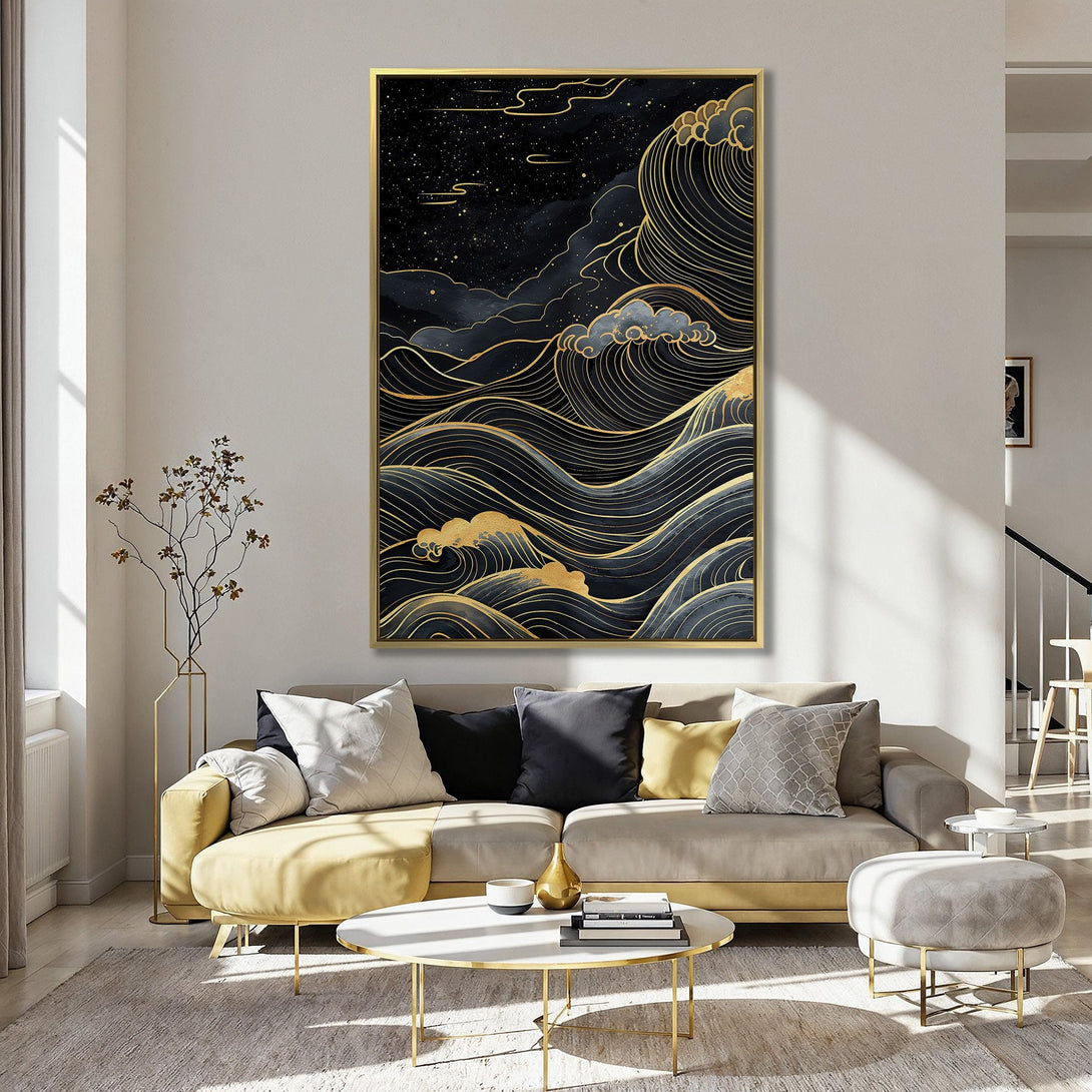 Canvas Print of abstract wave art in black and gold, displayed in a kitchen. Modern wall decor with a calming, elegant aesthetic.