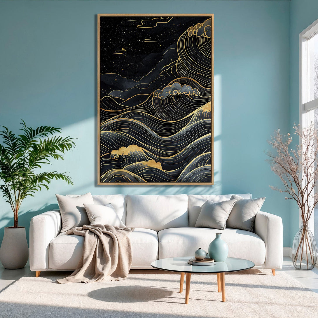 Framed Wall Art featuring a black and gold wave design in a modern, minimalist style. Adds a touch of elegance to any living room.