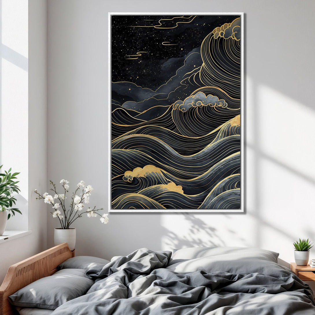 Framed Wall Art featuring a stylized wave design in black, gold, and gray tones. Modern art for bedroom decor.