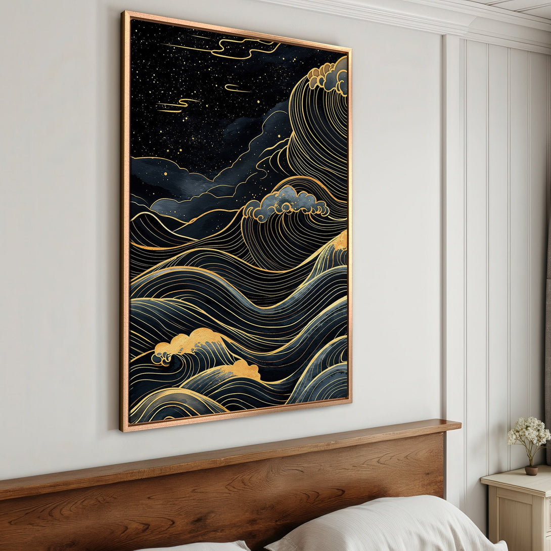 Framed Wall Art: Stunning wave design in gold and navy blue. Perfect for adding a touch of elegance and serenity to your space. Shop now!