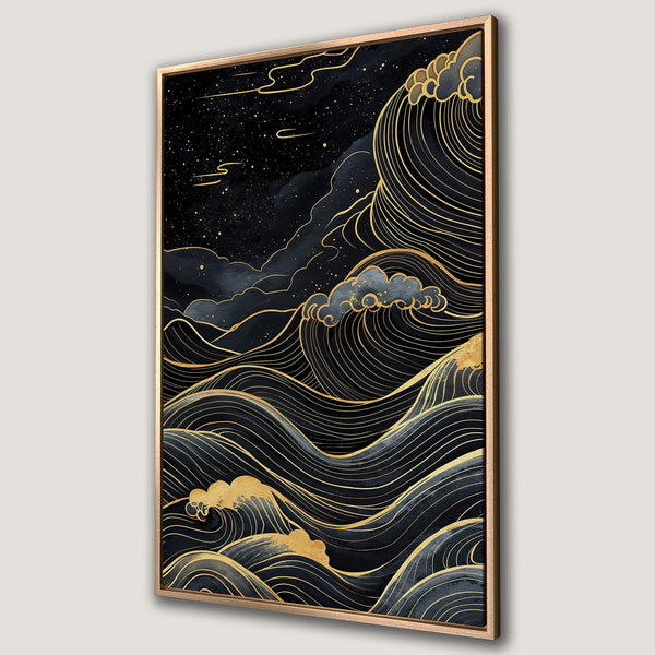 Framed Wall Art: Abstract wave design in black, gold, and navy. Modern Canvas Print perfect for any space. Shop now for unique wall decor!