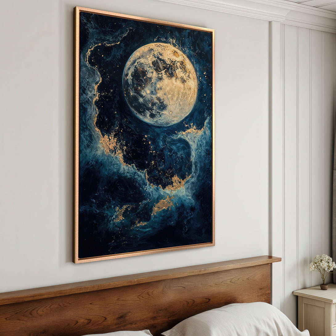 Framed Wall Art: Abstract moon canvas print in blue & gold. Modern art for bedroom decor. Enhance your space with this stunning piece.