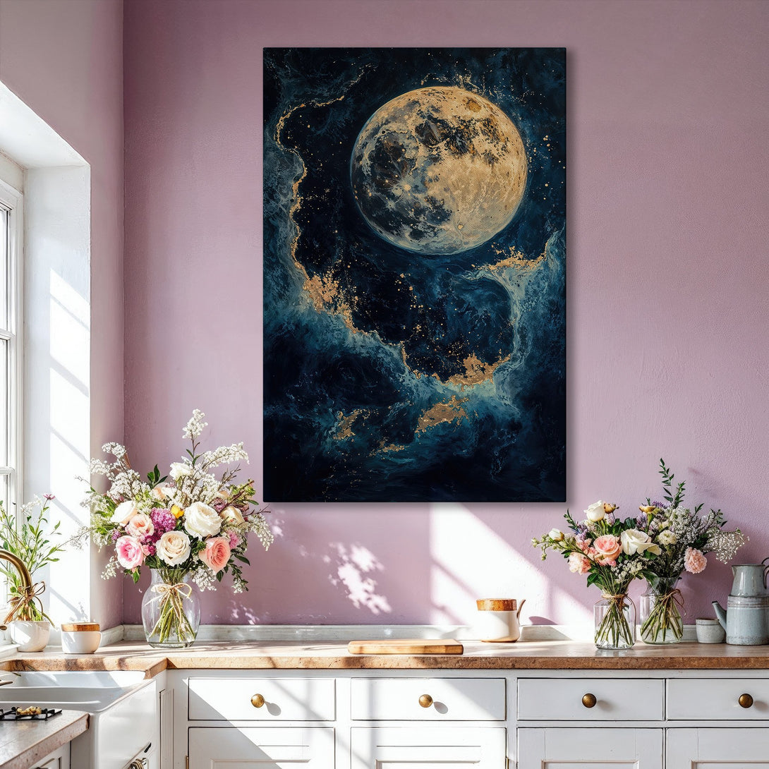 Framed Wall Art: Stunning moon art print in a modern interior. Features a celestial design with a blue and gold color palette, perfect for adding elegance to any space.