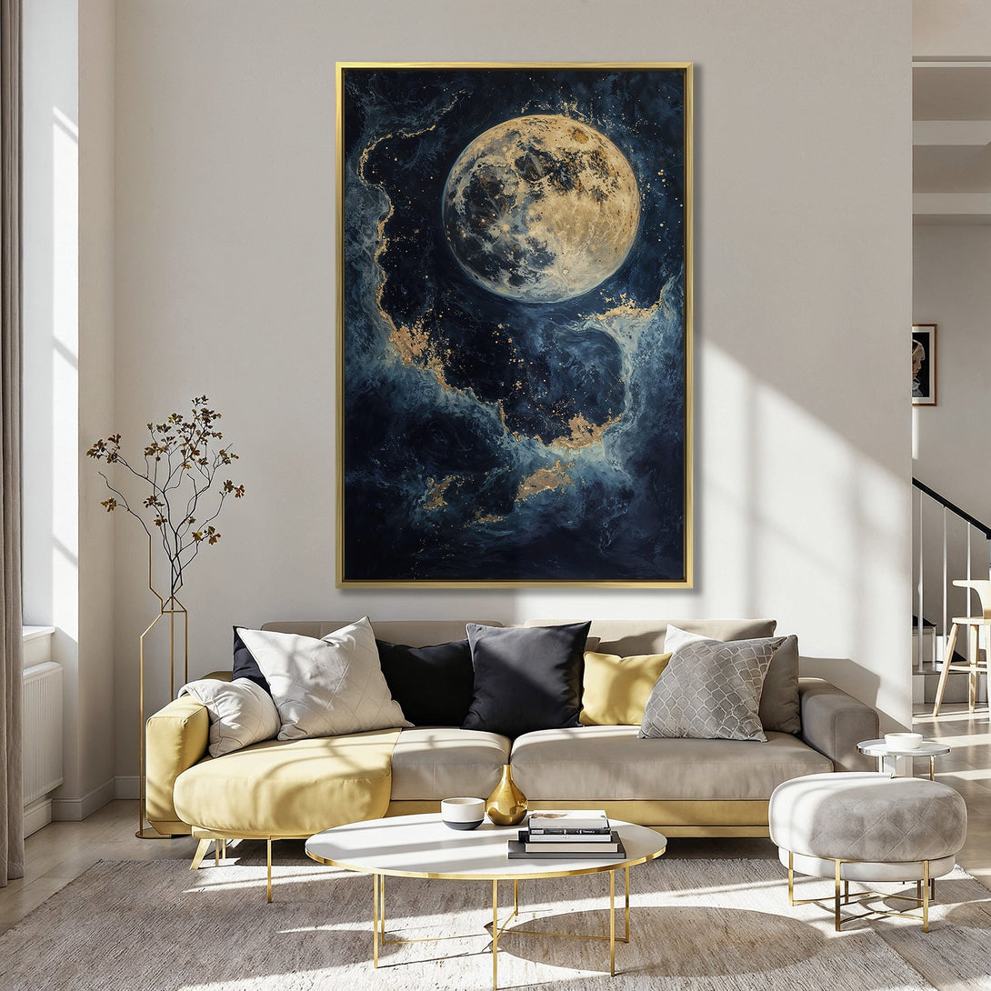 Canvas Print of a celestial moon art piece, featuring a dark blue and gold color palette. Modern wall art for home decor.