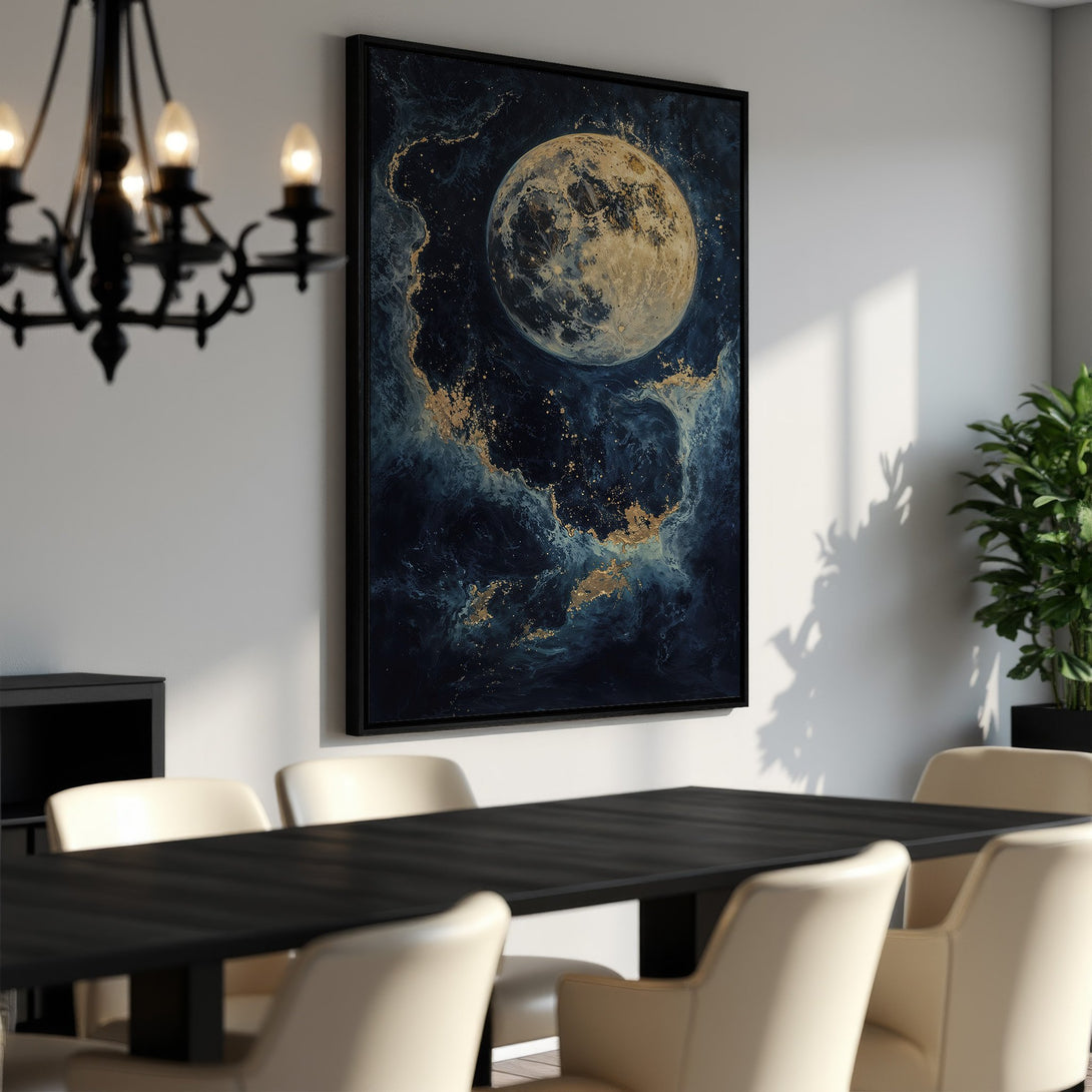 Framed Wall Art: Stunning moon canvas print in a modern dining room. Features a celestial design with blue, gold, and neutral tones. Elevate your space!