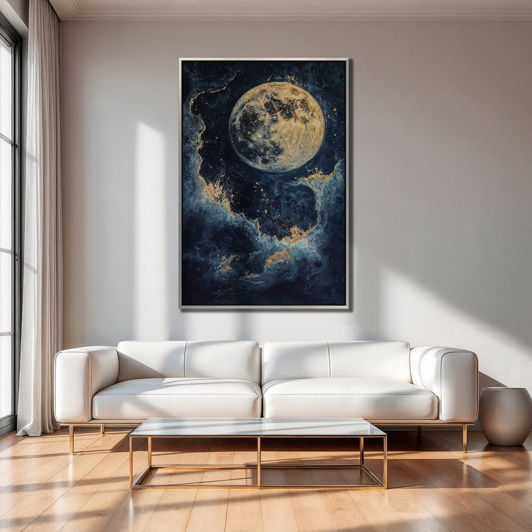Framed Wall Art: Abstract moon art in blue & gold tones. Modern Canvas Print adds celestial style to any room. Shop now!